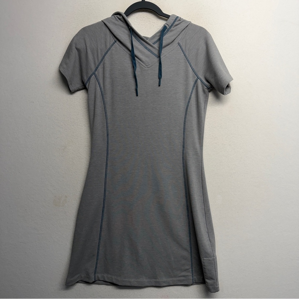 Title Nine Gray Teal Knit Casual Short Sleeve Hooded Athletic Dress Pocket Small